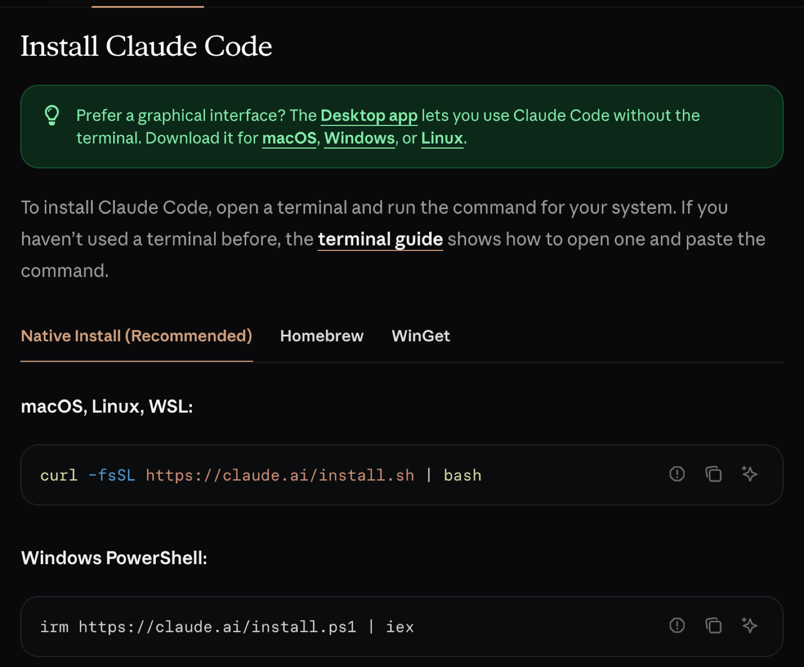 Документация Claude Code: команды установки для macOS, Linux, WSL, Windows PowerShell и Windows CMD
